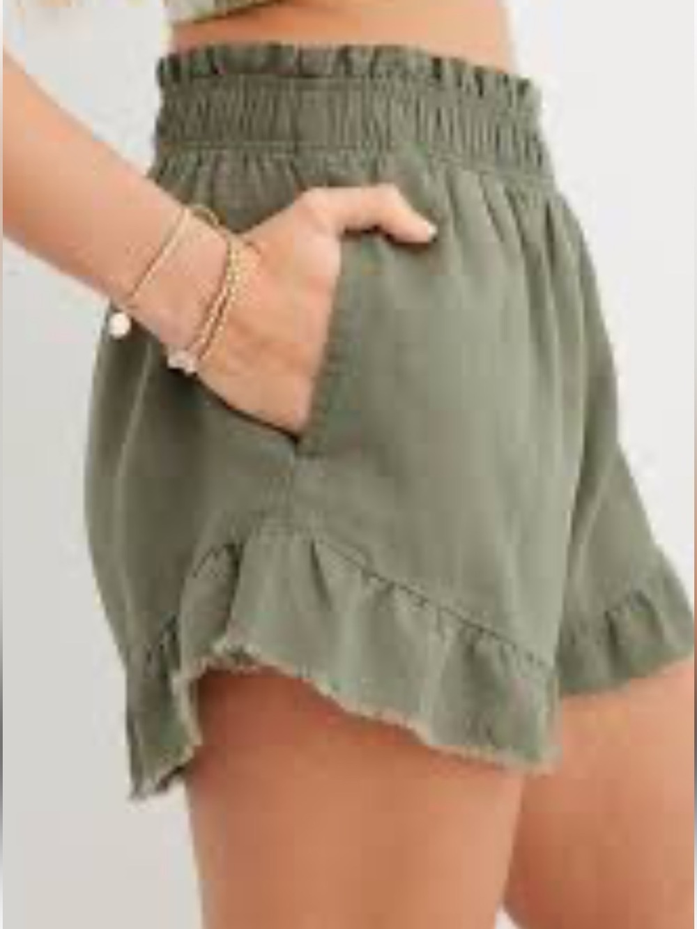 aerie Olive Green Ruffle Hem High-Waist Shorts